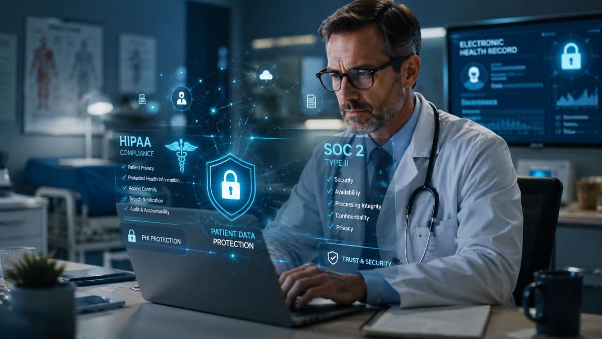 Doctor reviewing secure healthcare compliance dashboard