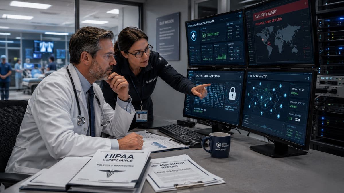 Healthcare cybersecurity team reviewing patient data security dashboard