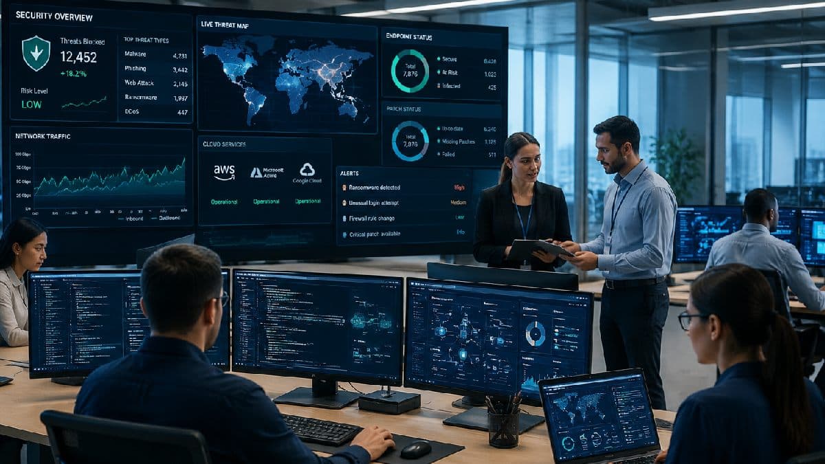 IT professionals monitoring cybersecurity dashboards