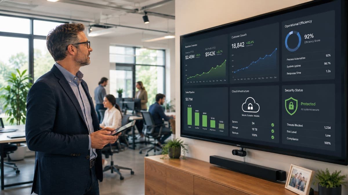 Business owner reviewing growth dashboard confidently
