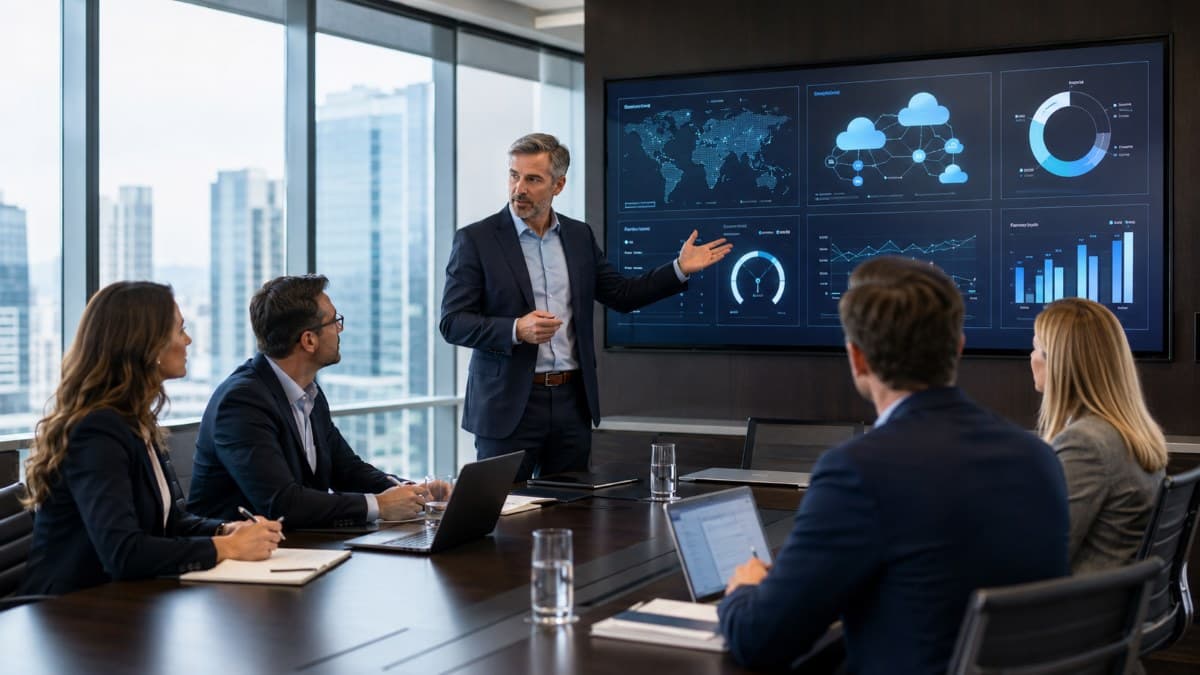 Corporate boardroom meeting with digital presentation