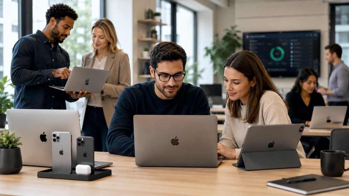 Business team using Apple devices together