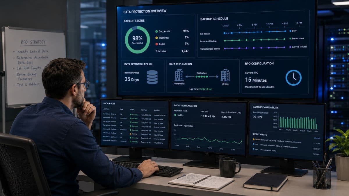 Analyst reviewing backup and replication strategy