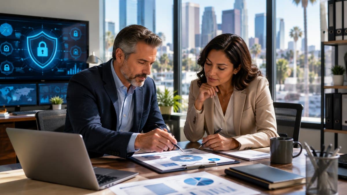 Business leaders reviewing cybersecurity risk strategy