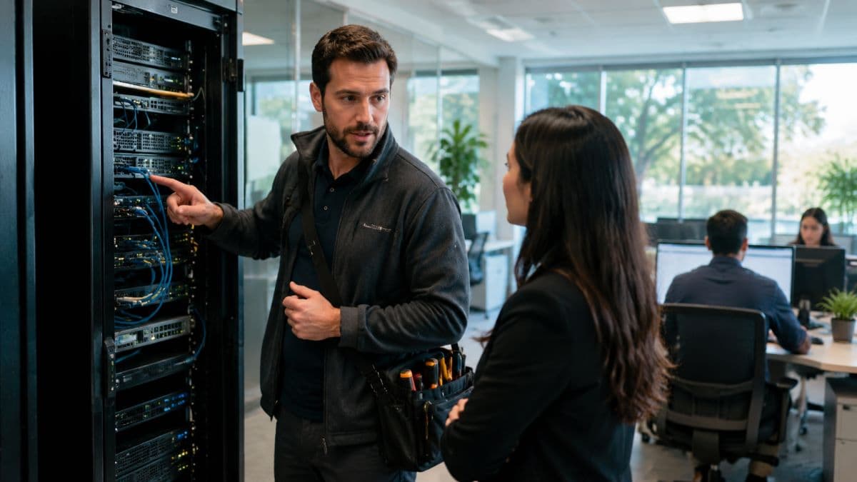 it technician explaining server rack office environment