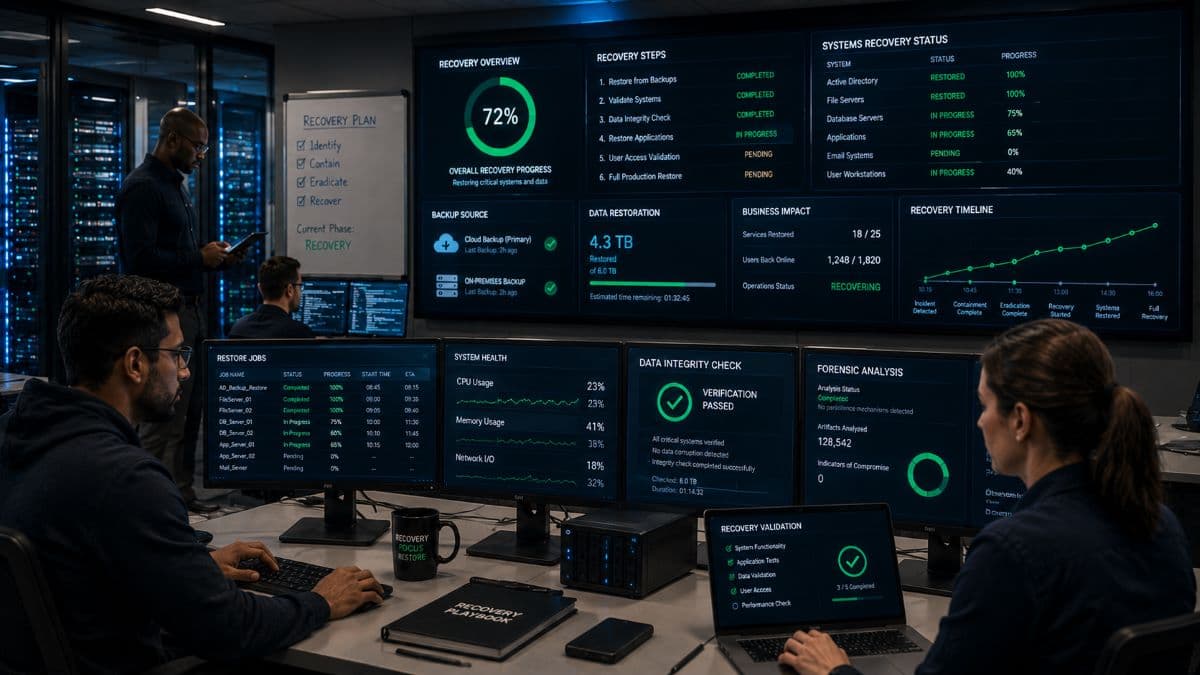 Engineers restoring systems from secure backups