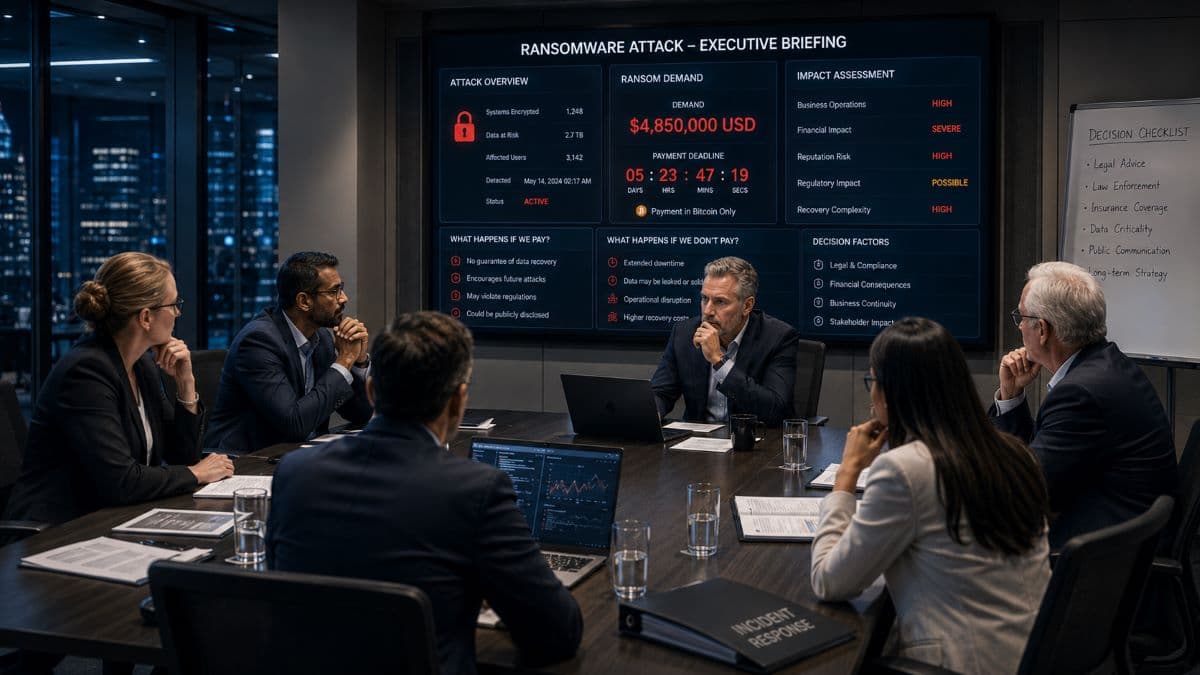 Executives evaluating critical ransomware payment decision