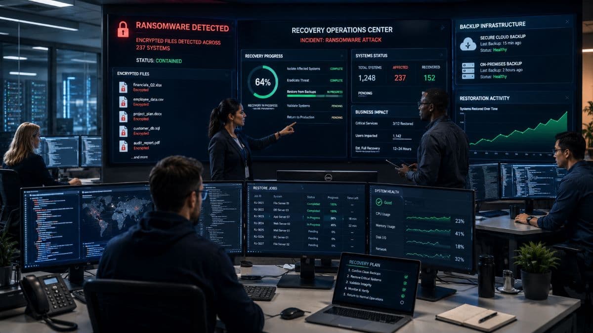 Enterprise ransomware recovery team restoring operations