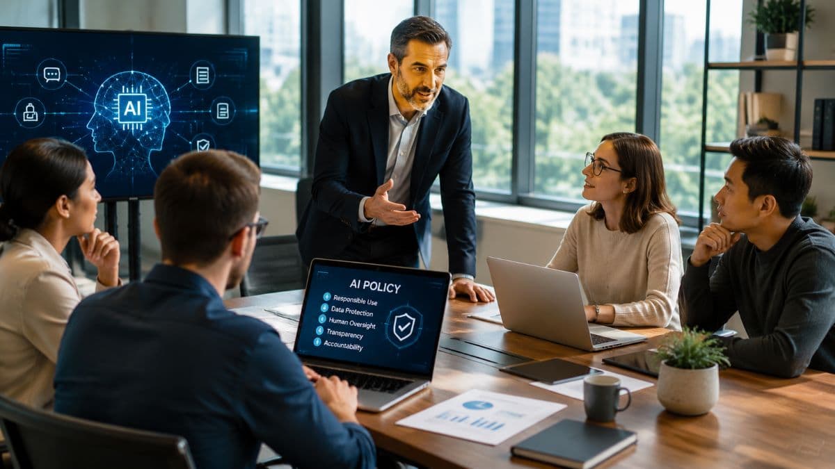 Modern office team discussing AI governance