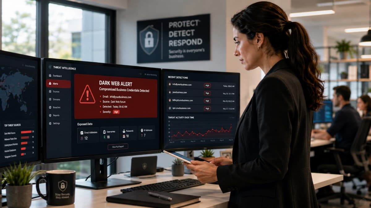 Dark web monitoring alert in a business office