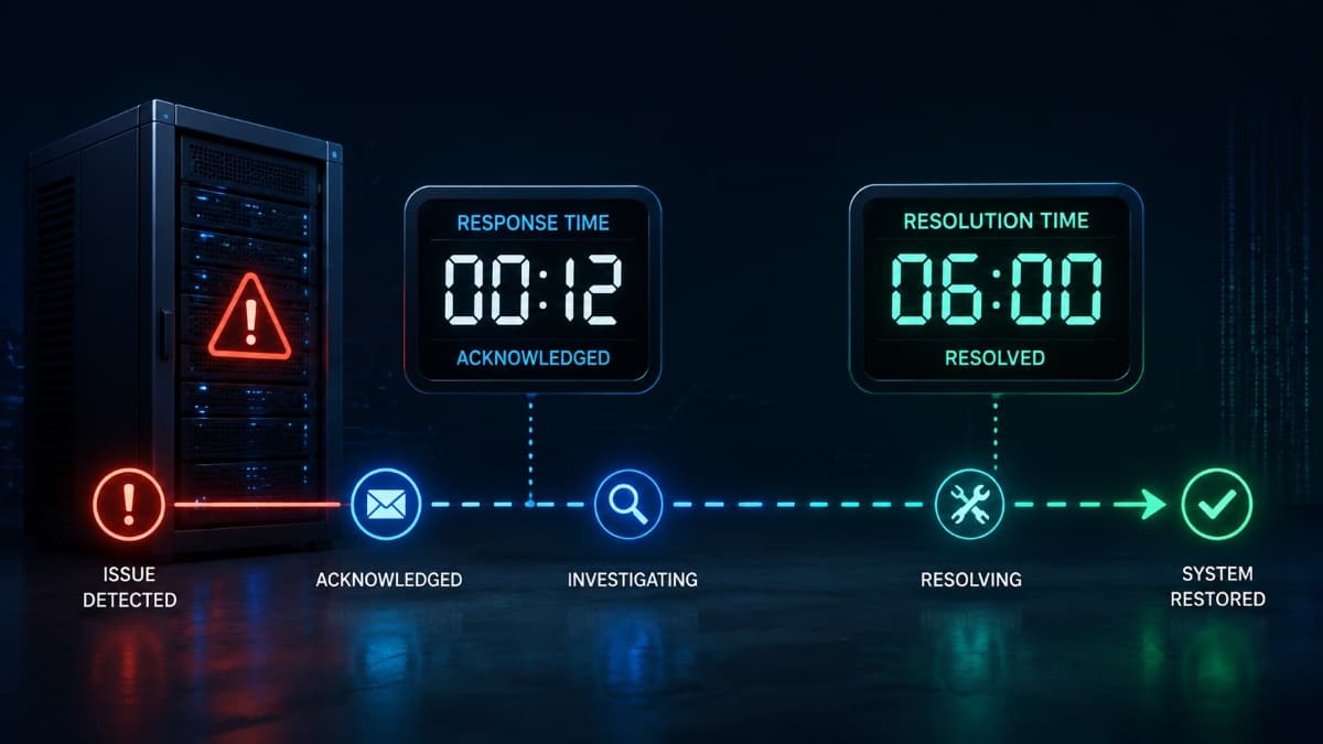 IT support response and resolution timeline with server